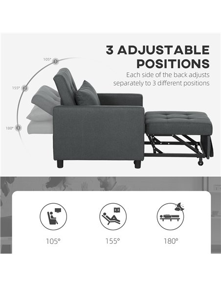 HOMCOM 3-In-1 Chair Bed, Convertible Sleeper Chair with Adjustable Backrest, Pillow and Footrest for Living Room, Dark Grey - pic 128250 | FastDaddyshop