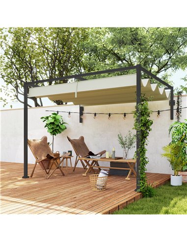 Outsunny 2 x 3(m) Lean To Steel Pergola, with Moving Fabric Canopy - Khaki