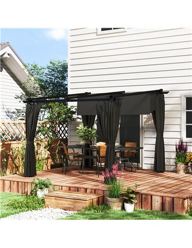 Outsunny 3 x 3 m Retractable Roof Pergola, with Curtains - Dark Grey