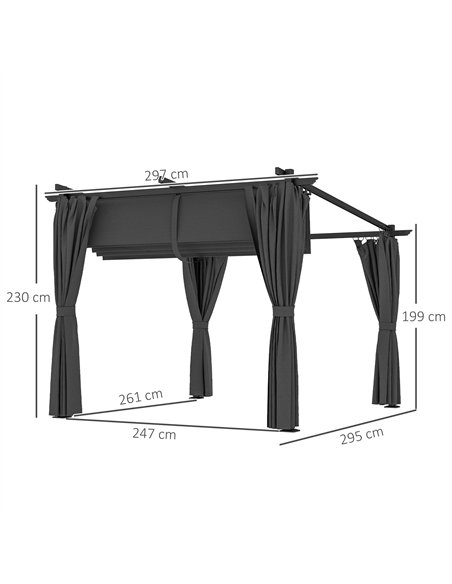 Outsunny 3 x 3 m Retractable Roof Pergola, with Curtains - Dark Grey - pic 128327 | FastDaddyshop