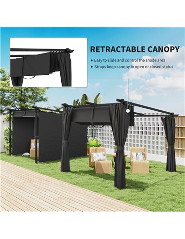 Outsunny 3 x 3 m Retractable Roof Pergola, with Curtains - Dark Grey