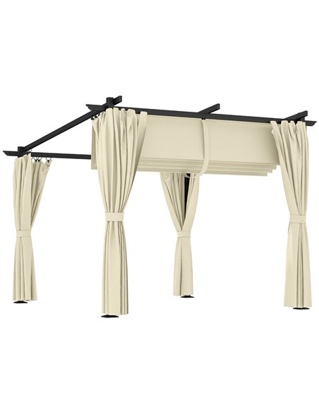 Outsunny 3 x 3 m Retractable Roof Pergola, with Curtains - Beige - pic 128334 | FastDaddyshop