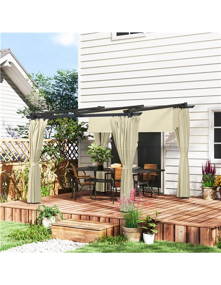 Outsunny 3 x 3 m Retractable Roof Pergola, with Curtains - Beige - pic 128335 | FastDaddyshop