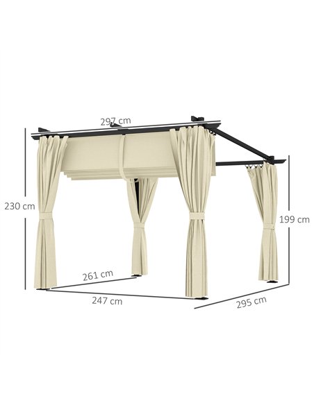 Outsunny 3 x 3 m Retractable Roof Pergola, with Curtains - Beige - pic 128336 | FastDaddyshop