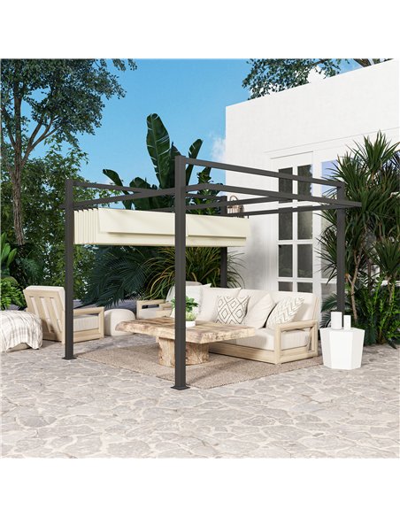 Outsunny 3 x 3m Aluminium Pergola, with Retractable Roof - Grey/Khaki - pic 128368 | FastDaddyshop