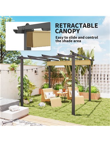 Outsunny 3 x 3m Aluminium Pergola, with Retractable Roof - Khaki