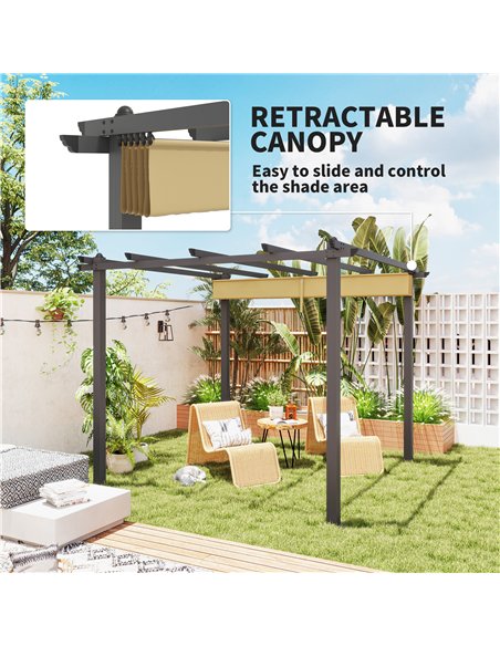 Outsunny 3 x 3m Aluminium Pergola, with Retractable Roof - Khaki - pic 128391 | FastDaddyshop
