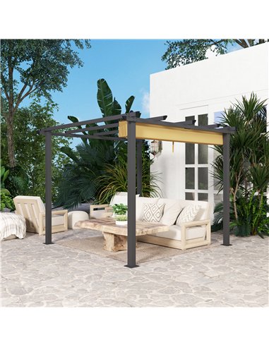 Outsunny 3 x 3m Aluminium Pergola, with Retractable Roof - Khaki