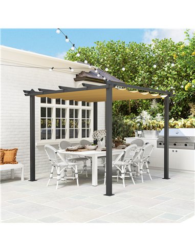 Outsunny 3 x 3m Aluminium Pergola, with Retractable Roof - Khaki