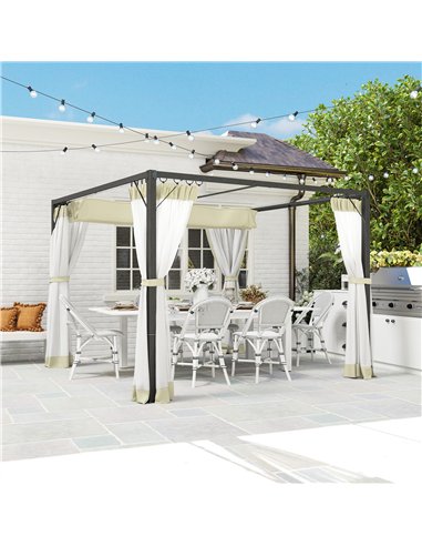 Outsunny 3 x 3m Aluminium Frame Pergola, with Retractable Roof - Khaki