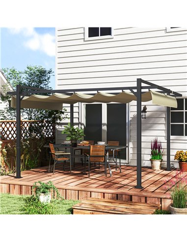 Outsunny 3 x 4m Aluminium Pergola, with Retractable Roof - Grey/Khaki
