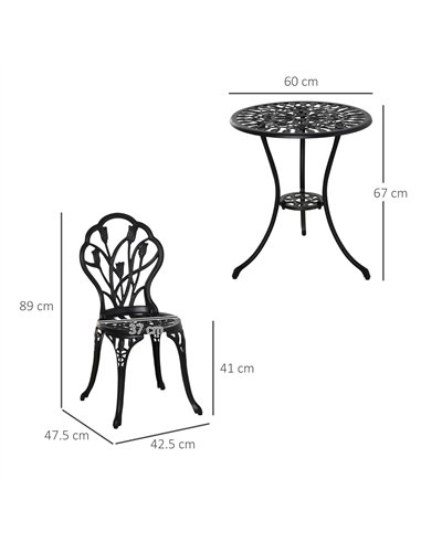 Outsunny Three-Piece Aluminium Floral Bistro Garden Set - Black