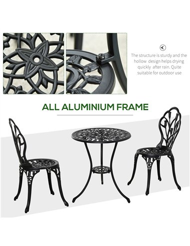 Outsunny Three-Piece Aluminium Floral Bistro Garden Set - Black
