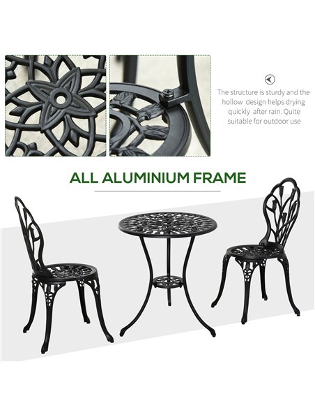 Outsunny Three-Piece Aluminium Floral Bistro Garden Set - Black - pic 128464 | FastDaddyshop