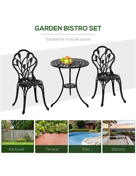 Outsunny Three-Piece Aluminium Floral Bistro Garden Set - Black - pic 128466 | FastDaddyshop