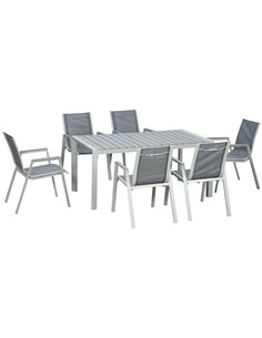 Outsunny 7 Pieces Garden Dining Set, Outdoor Table and 6 Armchairs, Aluminium Frame, Slatted Wood Grain Plastic Top Table, Breat