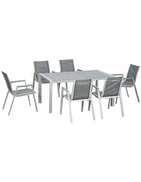 Outsunny 7 Pieces Garden Dining Set, Outdoor Table and 6 Armchairs, Aluminium Frame, Slatted Wood Grain Plastic Top Table, Breat - pic 128523 | FastDaddyshop