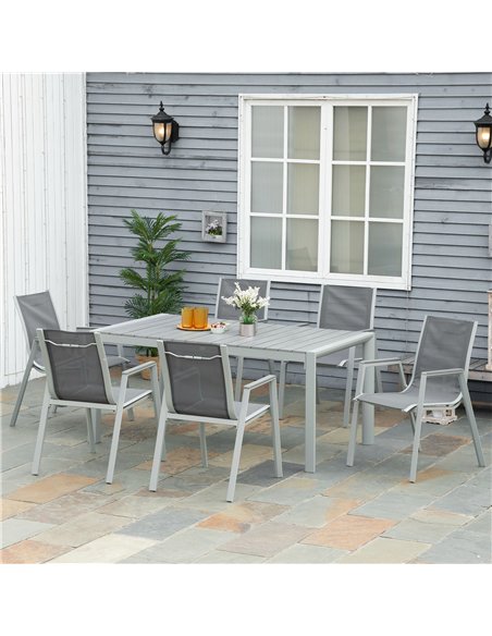Outsunny 7 Pieces Garden Dining Set, Outdoor Table and 6 Armchairs, Aluminium Frame, Slatted Wood Grain Plastic Top Table, Breat - pic 128524 | FastDaddyshop