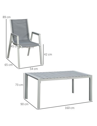Outsunny 7 Pieces Garden Dining Set, Outdoor Table and 6 Armchairs, Aluminium Frame, Slatted Wood Grain Plastic Top Table, Breat