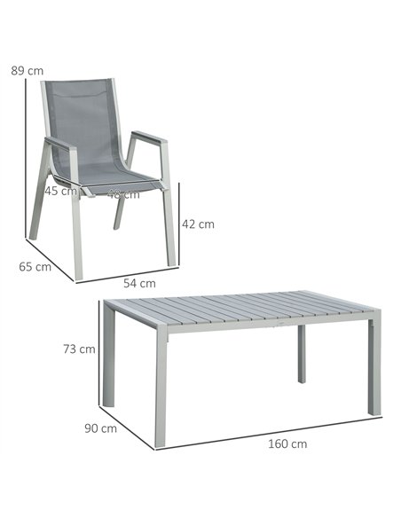 Outsunny 7 Pieces Garden Dining Set, Outdoor Table and 6 Armchairs, Aluminium Frame, Slatted Wood Grain Plastic Top Table, Breat - pic 128525 | FastDaddyshop
