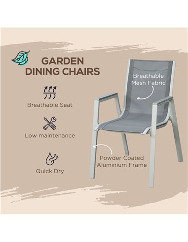 Outsunny 7 Pieces Garden Dining Set, Outdoor Table and 6 Armchairs, Aluminium Frame, Slatted Wood Grain Plastic Top Table, Breat