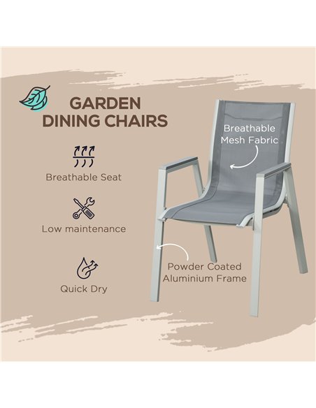 Outsunny 7 Pieces Garden Dining Set, Outdoor Table and 6 Armchairs, Aluminium Frame, Slatted Wood Grain Plastic Top Table, Breat - pic 128526 | FastDaddyshop
