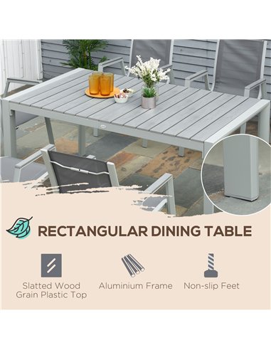 Outsunny 7 Pieces Garden Dining Set, Outdoor Table and 6 Armchairs, Aluminium Frame, Slatted Wood Grain Plastic Top Table, Breat