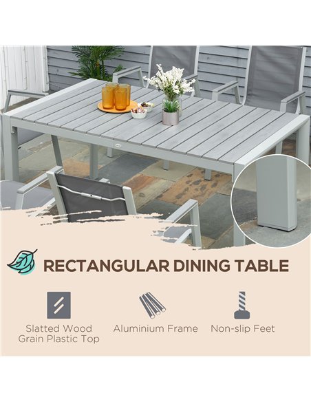 Outsunny 7 Pieces Garden Dining Set, Outdoor Table and 6 Armchairs, Aluminium Frame, Slatted Wood Grain Plastic Top Table, Breat - pic 128527 | FastDaddyshop