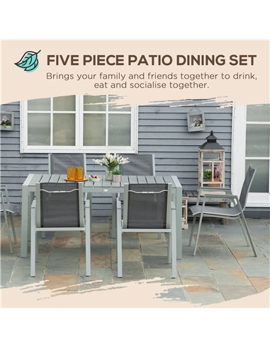 Outsunny 7 Pieces Garden Dining Set, Outdoor Table and 6 Armchairs, Aluminium Frame, Slatted Wood Grain Plastic Top Table, Breat