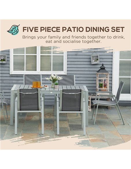 Outsunny 7 Pieces Garden Dining Set, Outdoor Table and 6 Armchairs, Aluminium Frame, Slatted Wood Grain Plastic Top Table, Breat - pic 128528 | FastDaddyshop