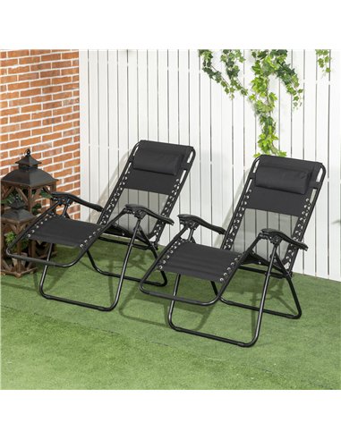 Outsunny Garden Recliner Chairs Set of 2, Outdoor Foldable Zero Gravity Chairs Set w/ Footstool and Detachable Headrest, Black