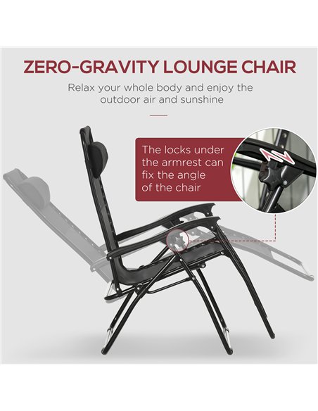 Outsunny Garden Recliner Chairs Set of 2, Outdoor Foldable Zero Gravity Chairs Set w/ Footstool and Detachable Headrest, Black - pic 128535 | FastDaddyshop