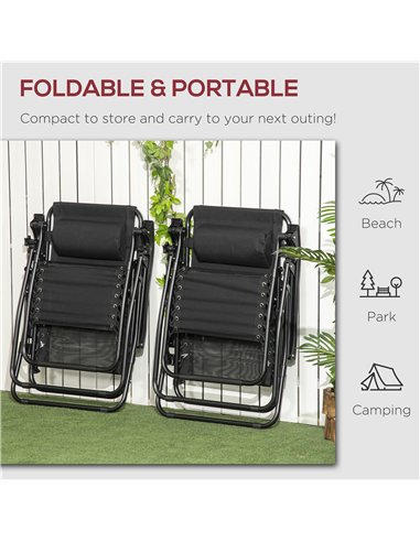 Outsunny Garden Recliner Chairs Set of 2, Outdoor Foldable Zero Gravity Chairs Set w/ Footstool and Detachable Headrest, Black