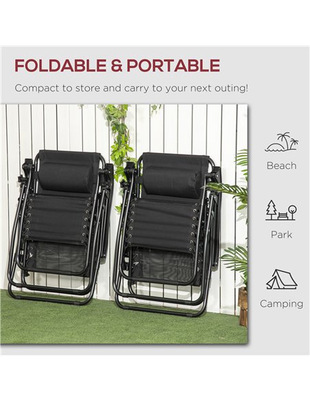 Outsunny Garden Recliner Chairs Set of 2, Outdoor Foldable Zero Gravity Chairs Set w/ Footstool and Detachable Headrest, Black - pic 128536 | FastDaddyshop
