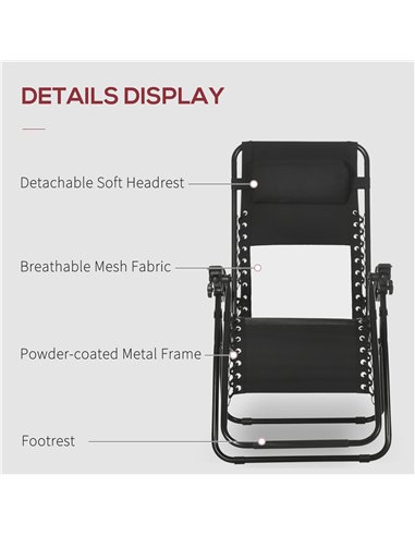 Outsunny Garden Recliner Chairs Set of 2, Outdoor Foldable Zero Gravity Chairs Set w/ Footstool and Detachable Headrest, Black