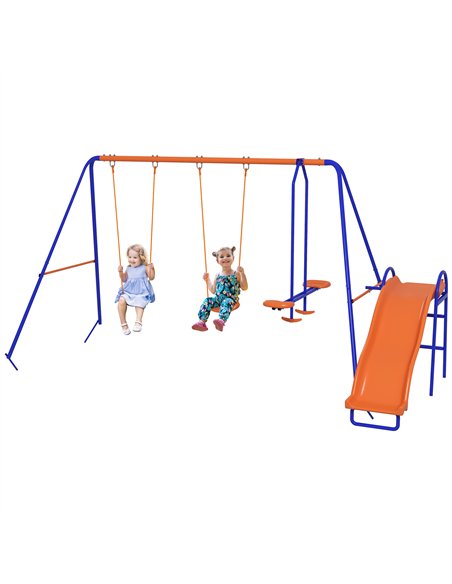 Outsunny Four-In-One Metal Garden Swing Set, with Double Swings, Glider, Slider, Ladder - Orange and Blue - pic 128541 | FastDaddyshop