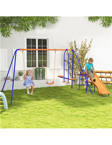 Outsunny Four-In-One Metal Garden Swing Set, with Double Swings, Glider, Slider, Ladder - Orange and Blue