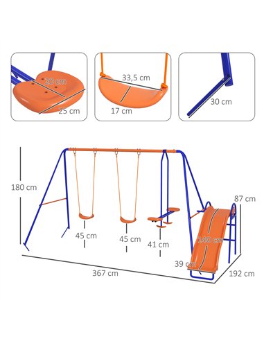 Outsunny Four-In-One Metal Garden Swing Set, with Double Swings, Glider, Slider, Ladder - Orange and Blue