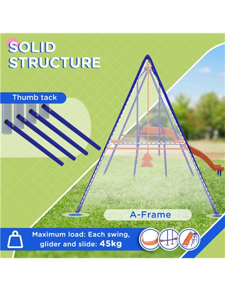 Outsunny Four-In-One Metal Garden Swing Set, with Double Swings, Glider, Slider, Ladder - Orange and Blue - pic 128544 | FastDaddyshop