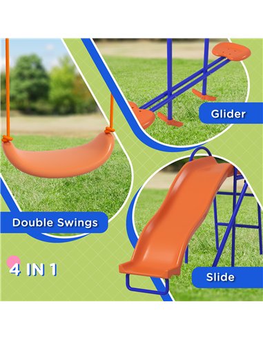Outsunny Four-In-One Metal Garden Swing Set, with Double Swings, Glider, Slider, Ladder - Orange and Blue