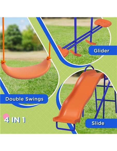 Outsunny Four-In-One Metal Garden Swing Set, with Double Swings, Glider, Slider, Ladder - Orange and Blue - pic 128545 | FastDaddyshop