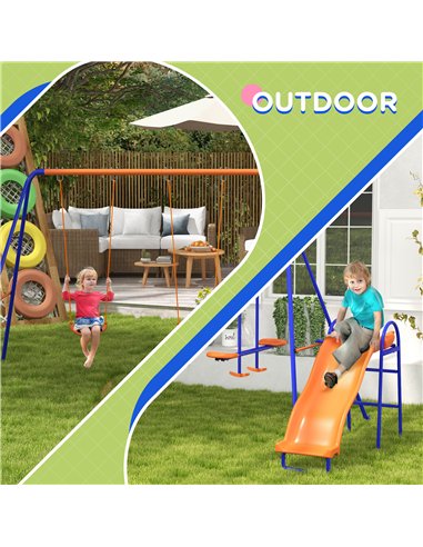 Outsunny Four-In-One Metal Garden Swing Set, with Double Swings, Glider, Slider, Ladder - Orange and Blue