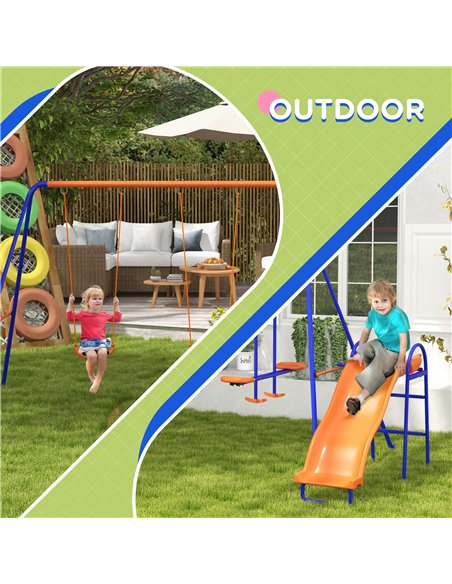 Outsunny Four-In-One Metal Garden Swing Set, with Double Swings, Glider, Slider, Ladder - Orange and Blue - pic 128546 | FastDaddyshop