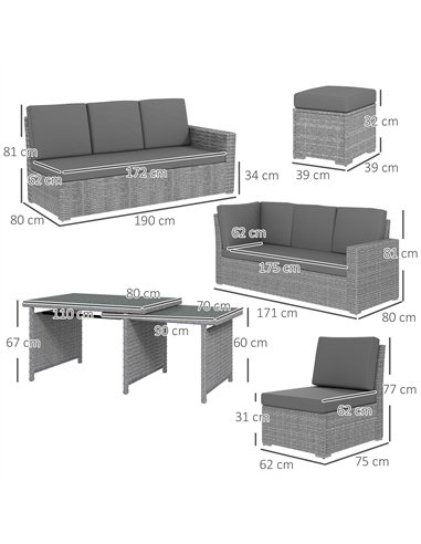 Outsunny Seven-Piece Rattan Garden Sofa Set, with Expanding Table - Light Grey