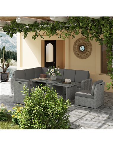 Outsunny Seven-Piece Rattan Garden Sofa Set, with Expanding Table - Light Grey