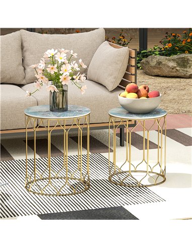 Outsunny Garden Side Table Set of 2, Nesting Tables with Ceramic Tile Top, Indoor Outdoor Small Garden Tables, Multifunctional E