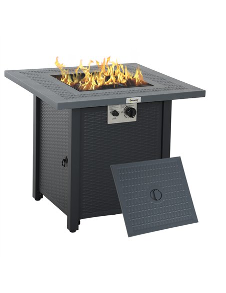 Outsunny Square Propane Gas Fire Pit Table, 40000 BTU Rattan Smokeless Firepit Patio Heater with Lava Rocks and Lid, 71cm x 71cm - pic 128703 | FastDaddyshop