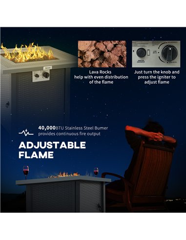 Outsunny Square Propane Gas Fire Pit Table, 40000 BTU Rattan Smokeless Firepit Patio Heater with Lava Rocks and Lid, 71cm x 71cm