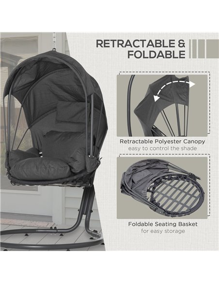 Outsunny Hanging Egg Chair Swing Hammock Chair with Stand, Cushion and Retractable Canopy, for Indoor and Outdoor, Grey - pic 12872 | FastDaddyshop