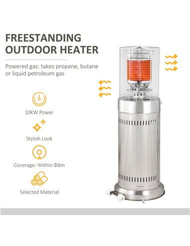 Outsunny 10KW Outdoor Gas Patio Heater Terrace Freestanding Bullet Style Heater with Wheels, Dust Cover, Regulator and Hose, 46 
